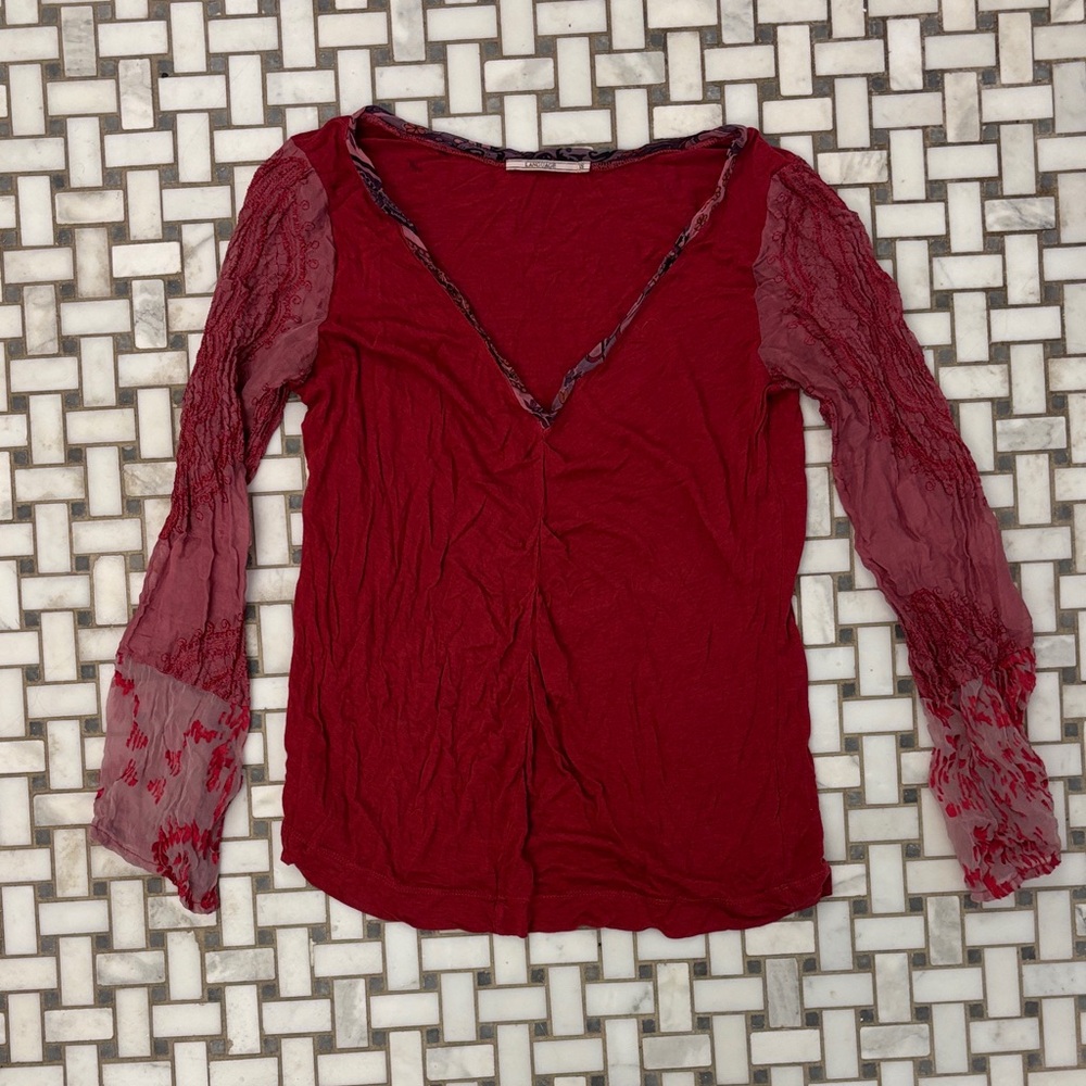 Language Deep Red Blouse with Sheer Sleeves